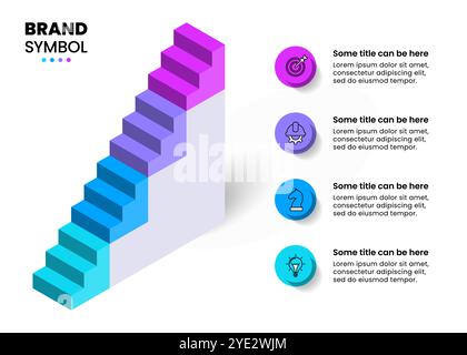 Modèle d'infographie avec icônes et 4 options ou étapes. Escaliers isométriques. Peut être utilisé pour la mise en page de flux de travail, le diagramme, la bannière, la conception Web. Illustrateur vectoriel Illustration de Vecteur