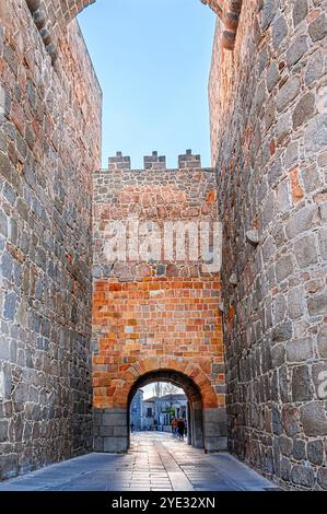 Avila, Espagne - 11 février 2023 : porte voûtée menant à une rue étroite, une partie des fortifications de la ville dans le mur environnant. Banque D'Images