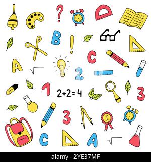 Ensemble de fournitures scolaires vecteur dessiné à la main Illustration de Vecteur