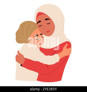 Mère musulmane en hijab avec sa fille. Maman et fille embrassant. Arabe famille heureuse. Concept pour la fête des mères, la fête des femmes Illustration de Vecteur