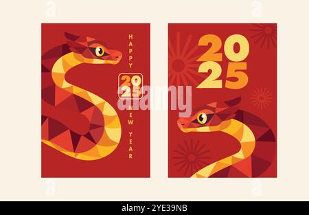 2025 nouvel an chinois, année du serpent cartes de voeux, invitations. Conception moderne de modèles d'affiches d'Asie de l'est. Serpent géométrique de style doré sur rouge Illustration de Vecteur