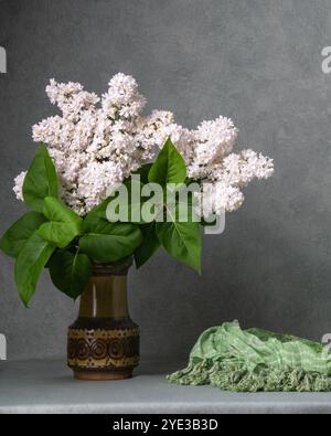 Délicates fleurs de lilas blanc dans un vase foncé Banque D'Images