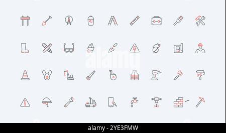 Constructeurs équipement et outils, plan et boussole de l'ensemble d'icônes de ligne d'ingénierie. Casque et gilet pour la sécurité du travail, grue de construction et machines minces symboles de contour noir et rouge illustration vectorielle Illustration de Vecteur