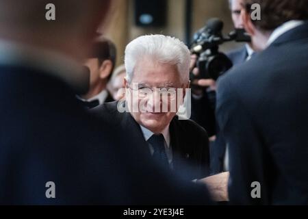 Rome, cérémonie inaugurale des Etats généraux de santé et sécurité au travail organisée par la Commission des conditions de travail et la Chambre des députés. Différentes personnalités institutionnelles étaient présentes à la cérémonie, le Président de la République Sergio Mattarella, le Président de la Chambre Lorenzo Fontana, la Ministre du travail Marina Elvira Calderone, Nicolas Schmit Commissaire européen au travail et aux droits sociaux, et d’autres. Droit d'auteur : xAndreaxCalandrax Banque D'Images