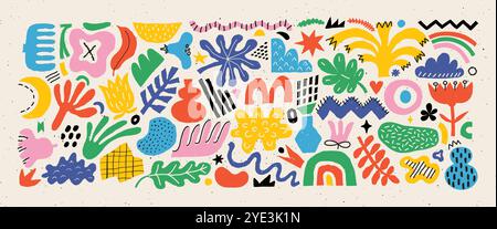 Ensemble abstrait de diverses formes, figures et blobs de forme libre. Ensemble moderne d'autocollants vectoriels tendance de diverses plantes et griffonnages, modèle et design Illustration de Vecteur