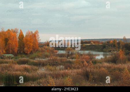 Une photographie de style vintage capturant un paysage d'automne, avec une colline en pente douce à côté d'un étang serein. La scène est encadrée par un vibrant Banque D'Images
