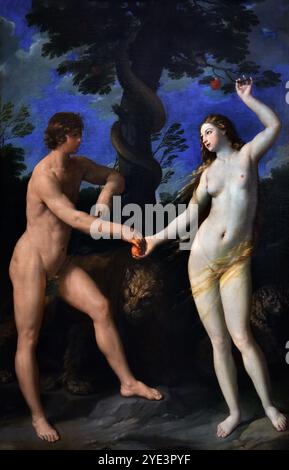 Adam et Eve au Paradis - jardin d'Eden vers 1620. Par Guido Reni 1575-1642 Italie, Musée italien des Beaux-Arts de Dijon France ( le paradis est un lieu d'exception, de bonheur et de délice, les notions paradisiaques sont souvent chargées d'images pastorales, et peuvent être cosmologiques ou eschatologiques ou les deux, souvent comparé aux misères de la civilisation humaine, au paradis il n'y a que paix, prospérité, bonheur, ) Banque D'Images