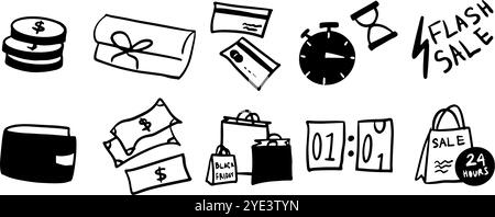 Black Friday Set illustration | vecteur Doodle minimaliste pour les conceptions de shopping et de vente | idéal pour une utilisation numérique et imprimée Illustration de Vecteur