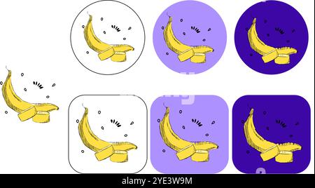 Logo vectoriel pour banane, banane tranchée et banane entière logo graphique de composition. Imprimé fruité avec des bananes rippées et surrippées sur cercle coloré rond et carré Illustration de Vecteur