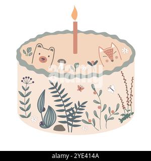 Joli gâteau bento décoré avec des plantes forestières, une bougie allumée et des têtes d'animaux. Élément de design joyeux anniversaire, palette neutre Illustration de Vecteur