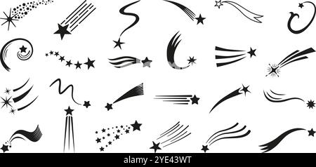 Icônes noires des étoiles filantes. Étoile isolée avec queue, comètes volantes tombant. Traces d'étoiles, éléments d'univers pour la conception de décorations graphiques web Illustration de Vecteur