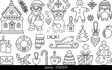 Eléments de page de coloriage de Noël. Enfants personnages de Noël mignons, chevreuil du père noël hibou pain d'épice décoré couronne d'arbre. Neoteric Doodle Holiday Illustration de Vecteur