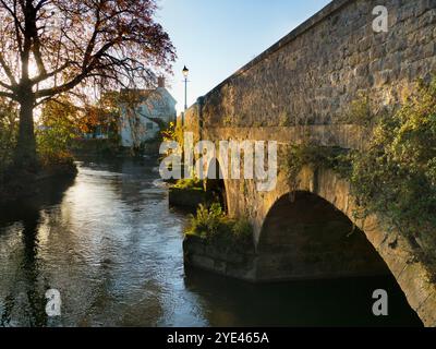 Pont de pierre médiéval d'Abingdon au lever du soleil, couleurs d'automne. Abingdon prétend être la plus ancienne ville d'Angleterre. C'est son célèbre pont médiéval en pierre, par une belle matinée automnale. Le pont a été commencé en 1416 et achevé en 1422, en utilisant du calcaire local. Il a été financé par la guilde religieuse d'Abingdon, la Fraternité de la Sainte Croix. Ici, nous voyons le pont au lever du soleil, vu de sa rive sud. N ICE Banque D'Images