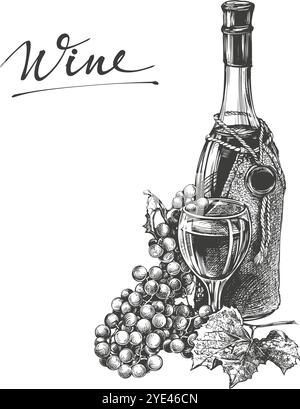 Une bouteille de vin avec un verre et des raisins dessinés à la main illustration vectorielle esquisse réaliste. Illustration de Vecteur