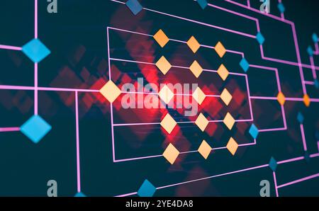 Réseau, arborescence de nœuds, concept, démission, connexion. Arborescence de nœuds, concept, processus industriel, démission, connexion. Direction des lignes, reliées par des carrés orange et bleu, réseau. img node tree007s02 concept Banque D'Images