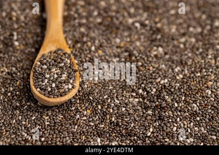 cuillère en bois et graines de chia , un grand nombre de graines de chia à ajouter aux yaourts, desserts et autres produits alimentaires Banque D'Images