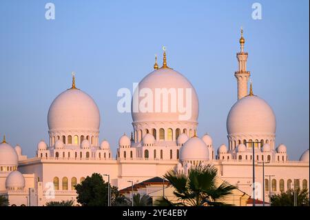 Grande mosquée Sheikh Zayed pendant le coucher du soleil à Abu Dhabi Banque D'Images