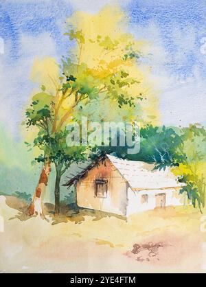 Beau paysage de maison de village et un arbre avec feuillage jaune et vert. Art aquarelle peint à la main créé avec de la peinture aquarelle et des pinceaux. Inde. Banque D'Images