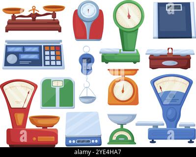 Échelles de dessin animé. Balance domestique, équipement pour les magasins de cuisine à la maison. Différents systèmes de pesage isolés pour le marché, la nourriture et les marchandises, aujourd'hui ensemble de vecteurs Illustration de Vecteur