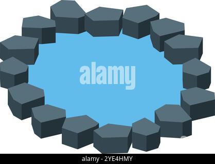 Petit étang artificiel entouré de pierres grises isométriques, idéal pour se détendre dans un environnement paisible Illustration de Vecteur