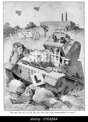 Années 1940 - un dessin animé amusant de la seconde Guerre mondiale représentant le personnage fictif populaire de soldat britannique, Old Bill, créé par le dessinateur Bruce Bairnsfather. Ce dessin animé montre Old Bill apparaissant de l'intérieur d'un réservoir écrasé, tenant une clé. Le réservoir, affichant une plaque de conducteur d'apprenant, s'est écrasé à travers une clôture dans une zone d'essai de réservoir. Ci-dessous se trouve la légende, « mais ne voyez-vous pas, FAT’Ead, que la seule façon d’obtenir le désarmement est d’armer ? ». Banque D'Images