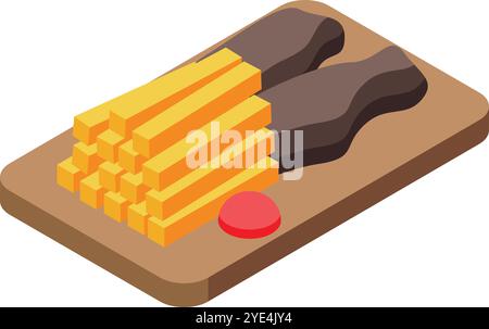 Délicieuse illustration isométrique de frites et deux saucisses avec ketchup sur une planche à découper en bois Illustration de Vecteur