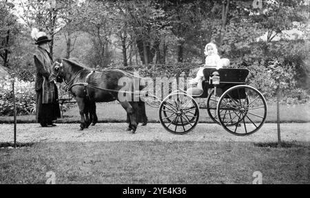 West Sussex, Angleterre. c.1913 – un enfant en bas âge, considéré comme un parent de la famille Henty, est assis dans un chariot miniature de type phaéton, tiré par deux petits poneys Shetland, tenu par une femme portant une étole de fourrure. La photographie a été prise dans le domaine de Ferring Grange, situé à Ferring, un village côtier de l'ouest du Sussex. Ce domaine était la maison d'Edwin Henty, J. P, D.L., F.S.A. (1844-1916), qui avait servi comme haut shérif du Sussex. En 1924, la maison a été convertie en un hôtel à la mode et a été détruite par un incendie en 1946. Banque D'Images