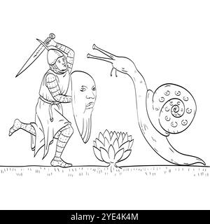 Dessin au trait illustration d'un chevalier ou soldat noble combattant un escargot géant avec une épée faite dans le style médiéval sur fond isolé en noir Illustration de Vecteur