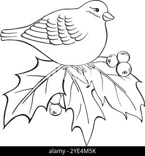 Feuilles et baies de bullfinch et houx. Composition élégante de vecteur d'encre isolé de Noël. Idéal pour Noël, voeux du nouvel an, coloriage, carte, symbole Illustration de Vecteur