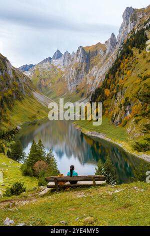 Un moment de tranquillité de Falensee se déroule alors que des collines luxuriantes bercent les eaux calmes tandis qu'un personnage solitaire est assis sur un banc, imprégné de la beauté époustouflante d'Appenzell au crépuscule, entouré de sérénité. Banque D'Images