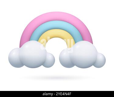 Icône arc-en-ciel 3D avec des nuages blancs élément de conception en plastique de dessin animé tridimensionnel réaliste Illustration de Vecteur