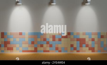 Mur avec des carreaux colorés dans des tons pastel, éclairé par des projecteurs. Design moderne et minimaliste, parfait pour les projets de design d'intérieur. Banque D'Images