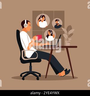 Homme utilisant l'ordinateur pour une réunion virtuelle collective et une vidéoconférence de groupe. Homme sur le bureau discutant avec des amis en ligne. Vidéoconférence, à distance Illustration de Vecteur