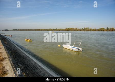 Petits bateaux de pêche colorés dispersés sur le Danube à Belgrade, capitale de la Serbie Banque D'Images