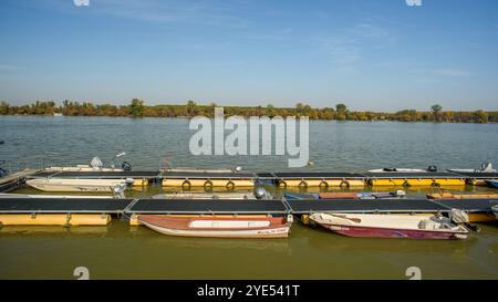 Petits bateaux de pêche colorés dispersés sur le Danube à Belgrade, capitale de la Serbie Banque D'Images