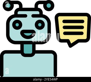 Robot souriant et mignon parle avec une bulle de parole, donnant des informations et discutant Illustration de Vecteur