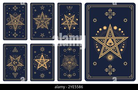 Cartes de tarot occultes magiques avec ligne vectorielle Lune, Soleil et étoiles motif céleste. Cartes de tarot ésotérique mystique avec yeux d'Horus et providence, hexagrammes alchimiques et pentagrammes sur fond noir Illustration de Vecteur