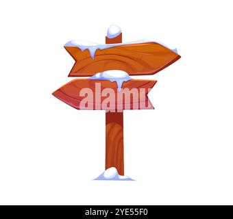 Panneau de signe de Noël d'hiver en bois avec de la neige. Vecteur de bande dessinée isolé panneau de signalisation directionnel festif en bois avec deux flèches pointant dans des directions opposées recouvertes de neige, présente une texture de bois rustique Illustration de Vecteur