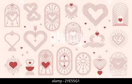Boho Valentine icônes célestes et mystiques, symboles ésotériques du cœur et flèches dans les cadres arqués. Vector Line Boho Valentine Love Hearts, étoiles, lune et soleil avec motif esthétique géométrique abstrait Illustration de Vecteur