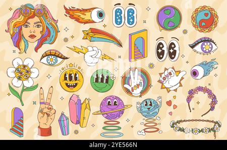 Personnages et symboles hippie rétro de dessin animé. Emojis de sourire psychédélique vecteur, personnages funky de planète, fille hippie et signes de paix. Couronnes de fleurs de Marguerite, yeux trippy et escaliers, étoile, cristaux Illustration de Vecteur