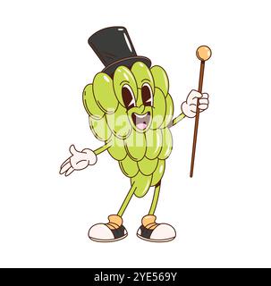 Caractère rétro groovy raisins baies. Vecteur de bande dessinée isolé raisin vert joyeux habillé dans un chapeau haut de gamme et tenant une canne. Funky Bunch of Grapes gentleman avec de grands yeux et un large sourire porte des baskets Illustration de Vecteur