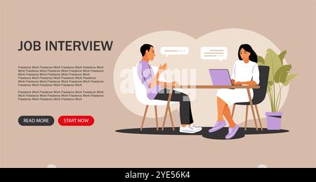 Concept d'entrevue d'emploi. Page d'accueil. Entretien avec les ressources humaines. Illustration vectorielle. Plat. Illustration de Vecteur