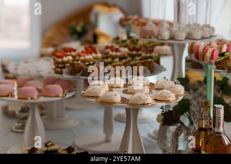 Elégant présentoir de desserts avec pâtisseries et sucreries assorties. Banque D'Images