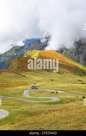 Route serpentine asphaltée vide du col de Giau, Italie, fond de concept de voyage Dolomite Alpes Banque D'Images