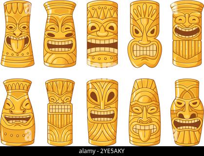 Totem tiki doré. Totems hawaïens dorés, guerrier tête de Dieu polynésien statues masque rituel hawaii Island party africaine ou mexicaine maya aztèque idole, illustration vectorielle chic illustration originale Illustration de Vecteur