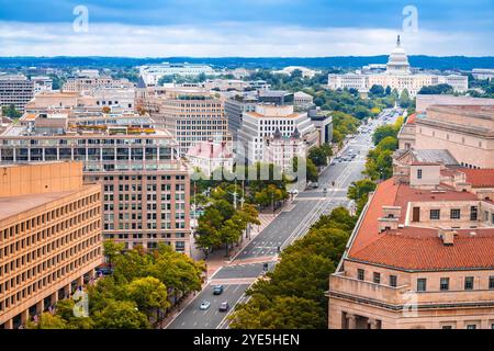 Washington DC. Vue panoramique aérienne des monuments de Pennsylvania Avenue et vue du Congrès des états-Unis, États-Unis Banque D'Images