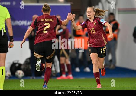 Bruxelles, Belgique. 29 octobre 2024. La belge Ella Van Kerkhoven et le belge Jarne Teulings photographiés en action lors d'un match de football entre l'équipe nationale belge les Red Flames et la Grèce, mardi 29 octobre 2024 à Bruxelles, deuxième étape du premier tour de qualification de la phase de groupes pour le Championnat Euro 2025. BELGA PHOTO DAVID CATRY crédit : Belga News Agency/Alamy Live News Banque D'Images