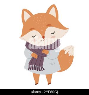 Joli renard dans une écharpe chaude aux couleurs vintage. Illustration griffonner. Vacances d'hiver Illustration de Vecteur