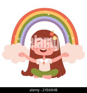 Heureuse fille hippie assise sous l'arc-en-ciel. Soins sains, concept de vie positive dans un style plat tendance. Illustration de Vecteur