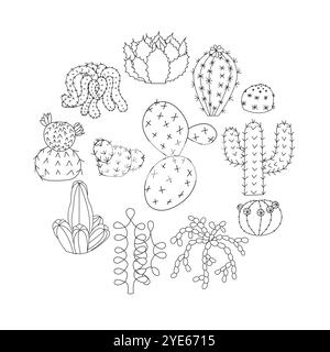 Composition de cactus en forme de cercle dans le style doodle. Illustration vectorielle isolée sur fond blanc. Illustration de Vecteur